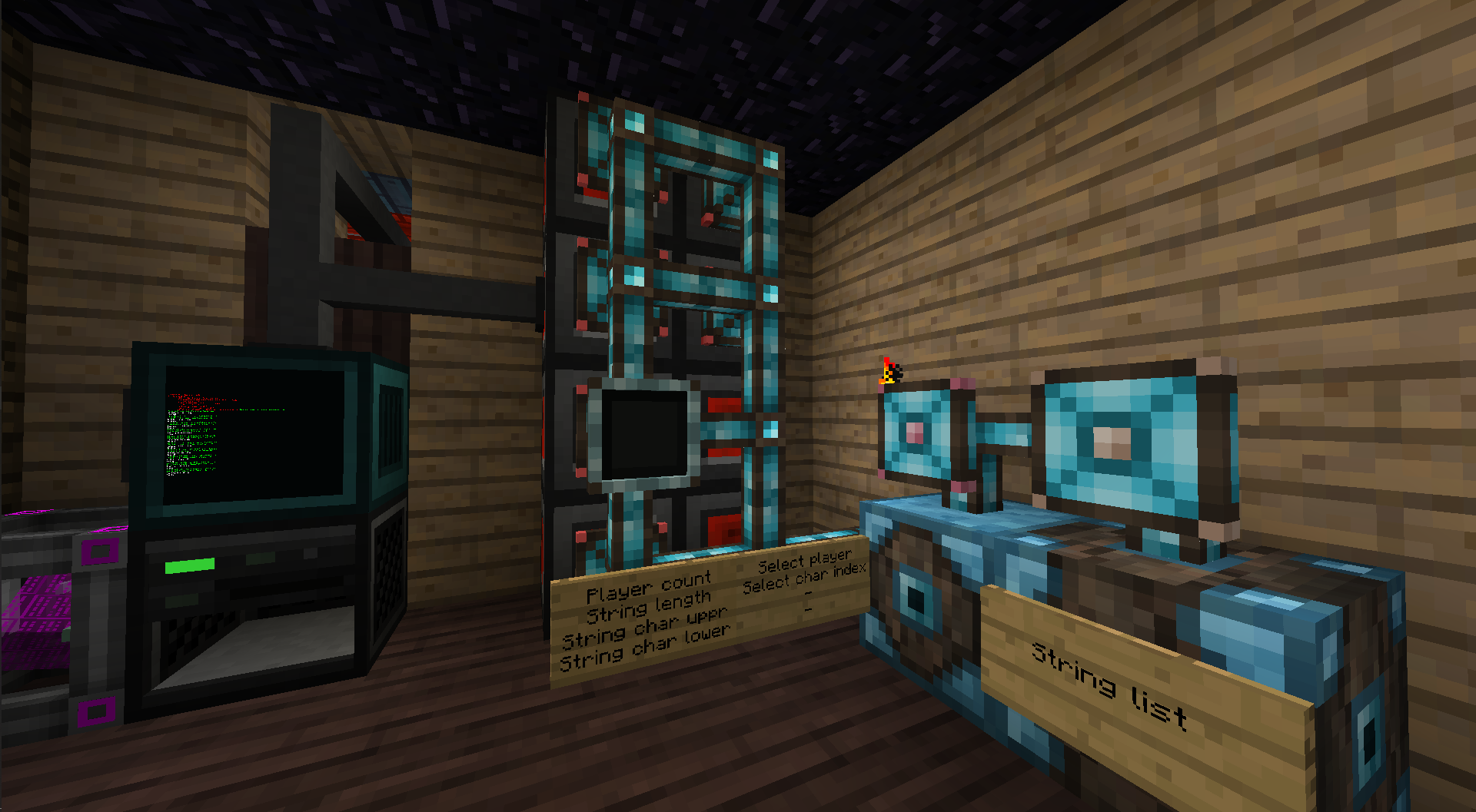 A computer on the left interfacing with a logic network on the right through vanilla redstone